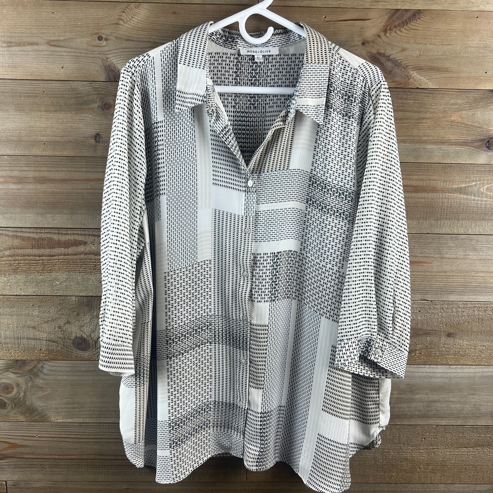 Rose + Olive Womens Shirt 3/4 Sleeve Button Up Geometric Patchwork Blouse 2X